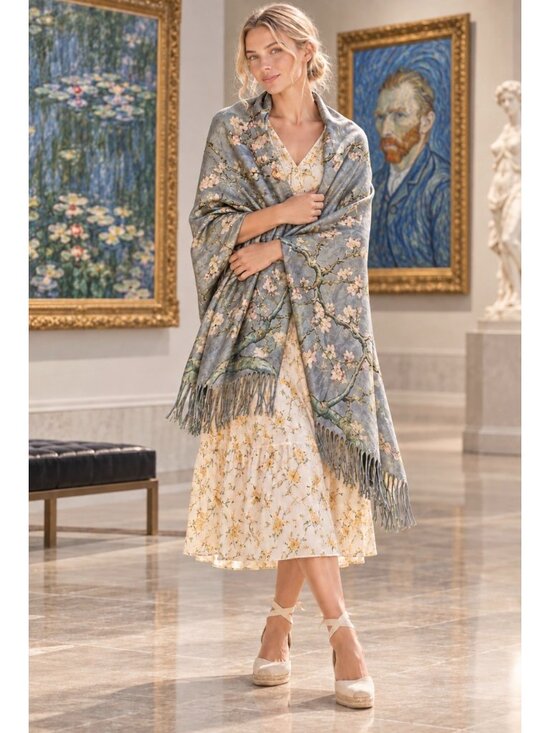Fashion Apparel & Assoc. Accessories - Reversible Fringed Shawl Wrap Van Gogh Almond Blossoms & Monet Water Lilies NWT